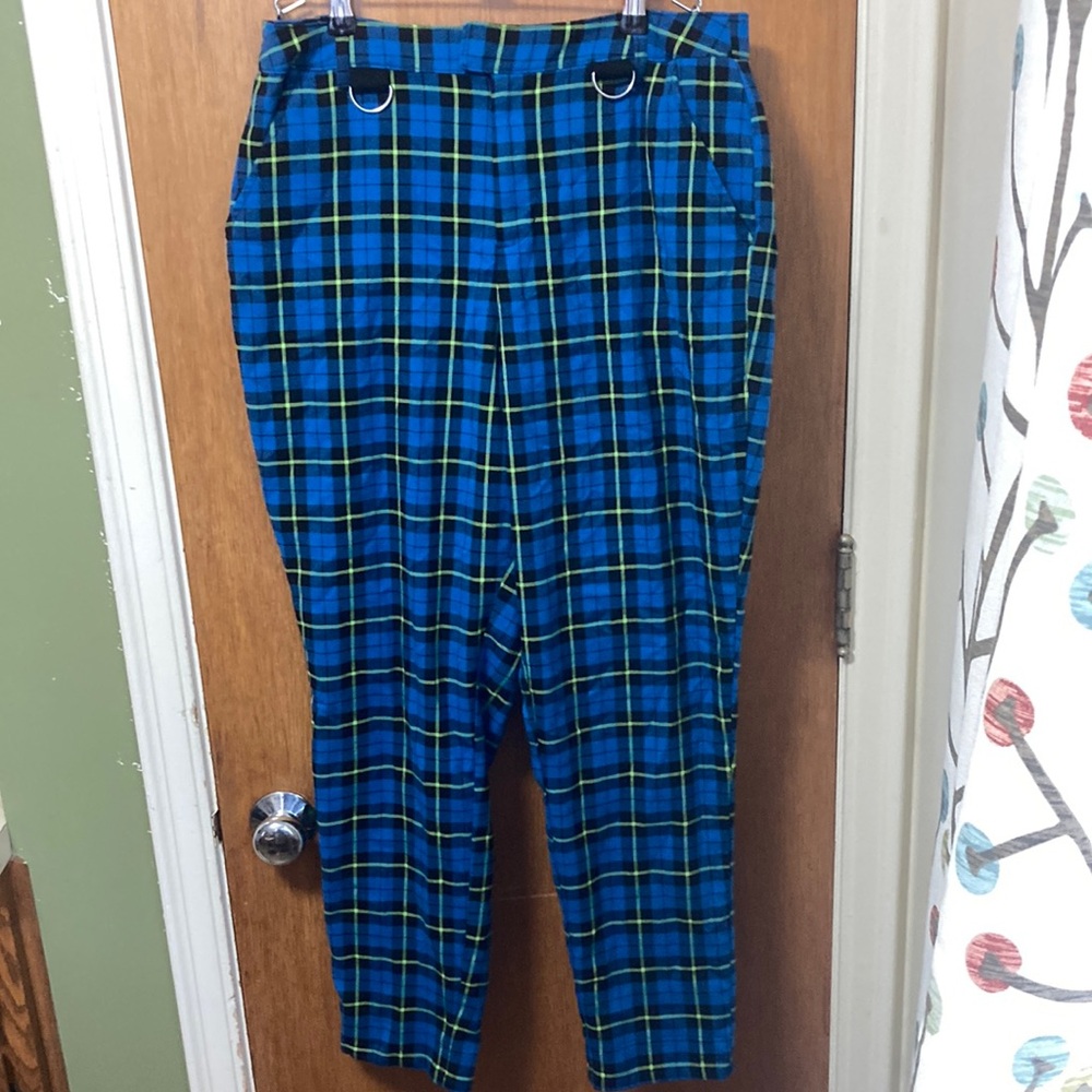 Blue plaid suspender capris by Hot topic XL